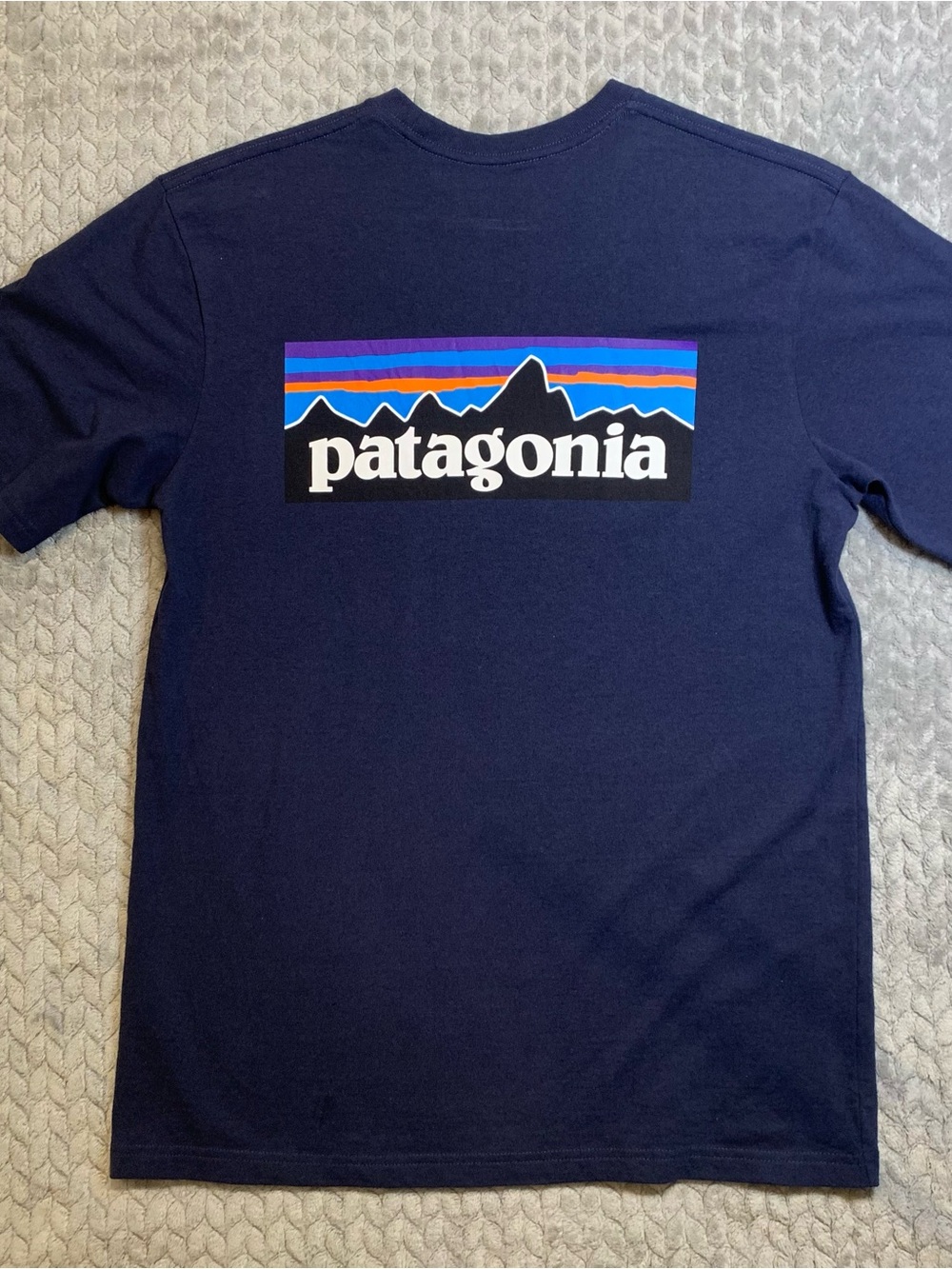 Patagonia Navy Short Sleeve Logo Tee with White Chest Script